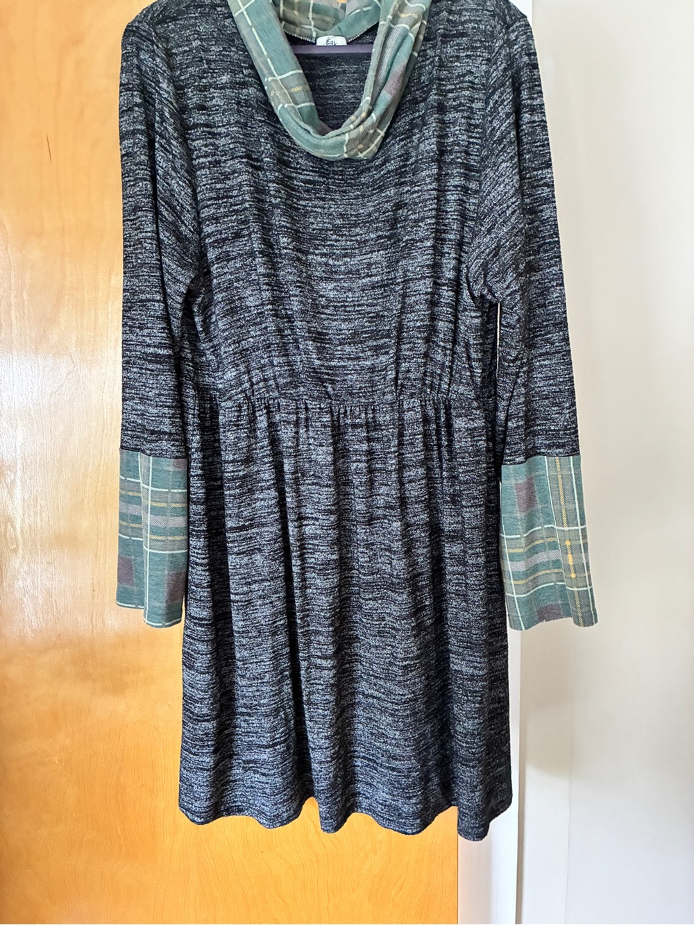 Gray Midi Dress with Plaid Accent Cowl Neck